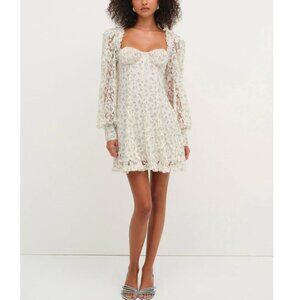 NWOT FOR LOVE AND LEMONS DONNA WHITE LACE MINI DRESS WITH BLUE FLORAL PRINT S